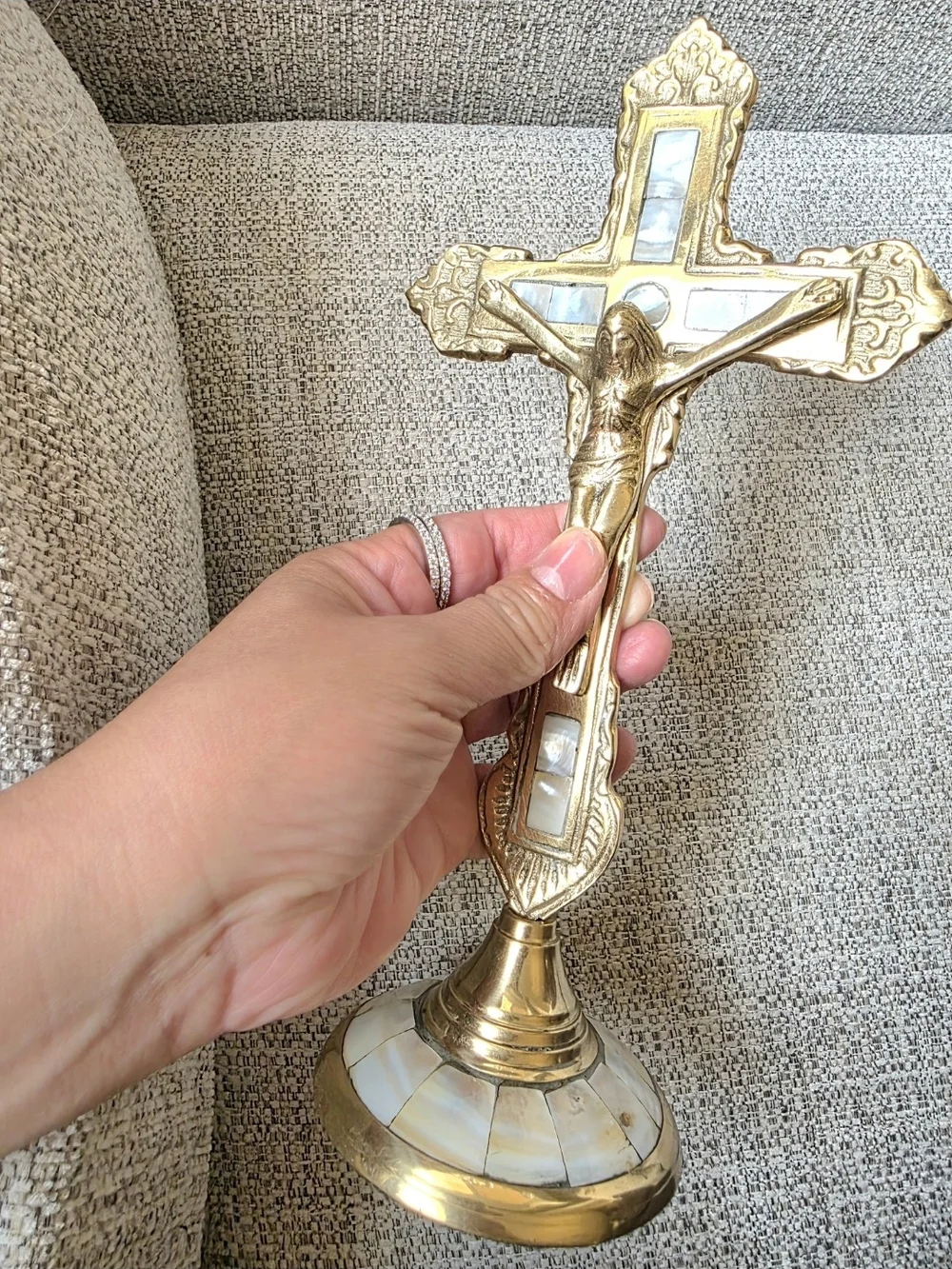 Vintage Brass & Mother of Pearl Standing Crucifix - Altar Tabletop Cross, 10